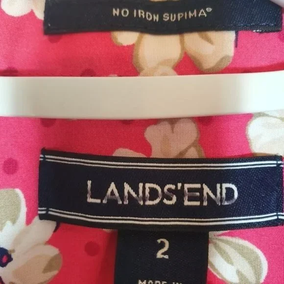 Lands' End Women's Sz.2 button down shirt no iron Supima cotton Floral Hot Pink - Picture 3 of 4